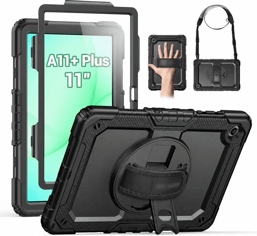 Black A11 Plus rugged tablet case showing the screen protector frame, rotating stand, hand strap and shoulder strap